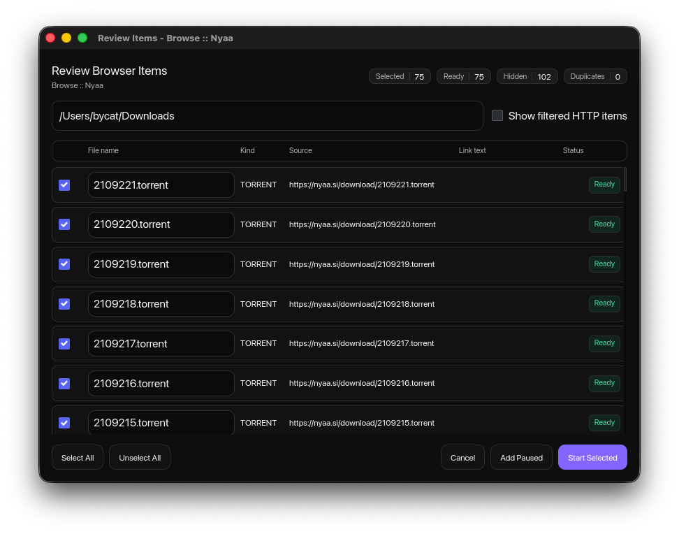 Purin batch job window showing selected browser items ready to download.